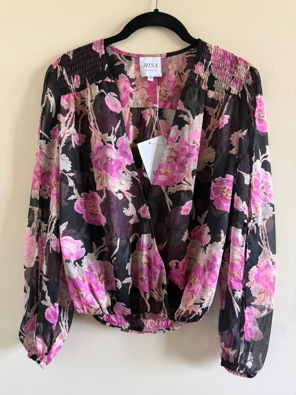 New! Misa Los Angeles Black Floral Wrap-Style Blouse with Pink Roses